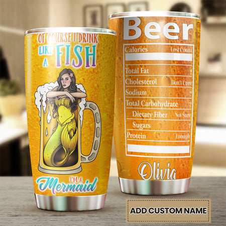 Camellia Personalized Beer Mermaid Stainless Steel Tumbler - Double-Walled Insulation Vacumm Flask - Gift For Beer Lovers, International Beer's Day