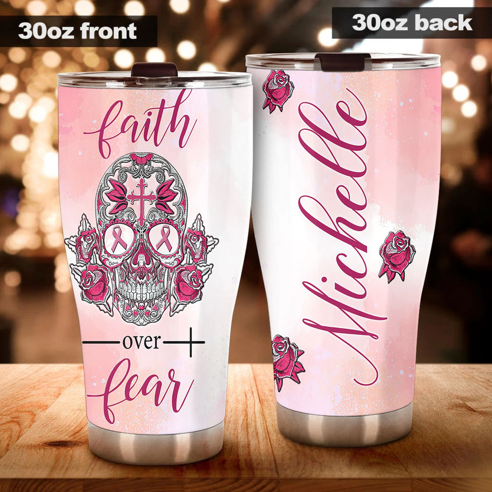 Camellia Personalized Breast Cancer Skull Faith Stainless Steel Tumbler - Double-Walled Insulation Vacumm Flask - Gift For Breast Cancer Awareness Month