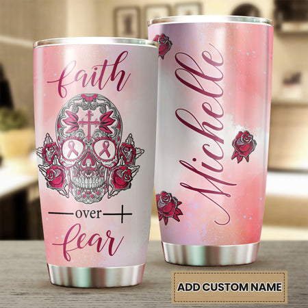 Camellia Personalized Breast Cancer Skull Faith Stainless Steel Tumbler - Double-Walled Insulation Vacumm Flask - Gift For Breast Cancer Awareness Month
