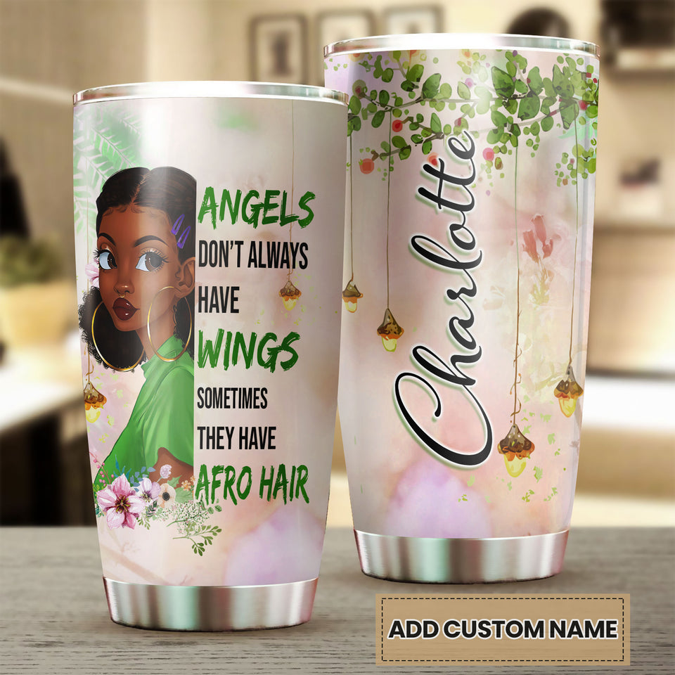 Camellia Personalized 3D Afro Hair Girl Angels Don't Always Have Wings Stainless Steel Tumbler - Customized Double-Walled Insulation Black Live Matter Thermal Cup With Lid