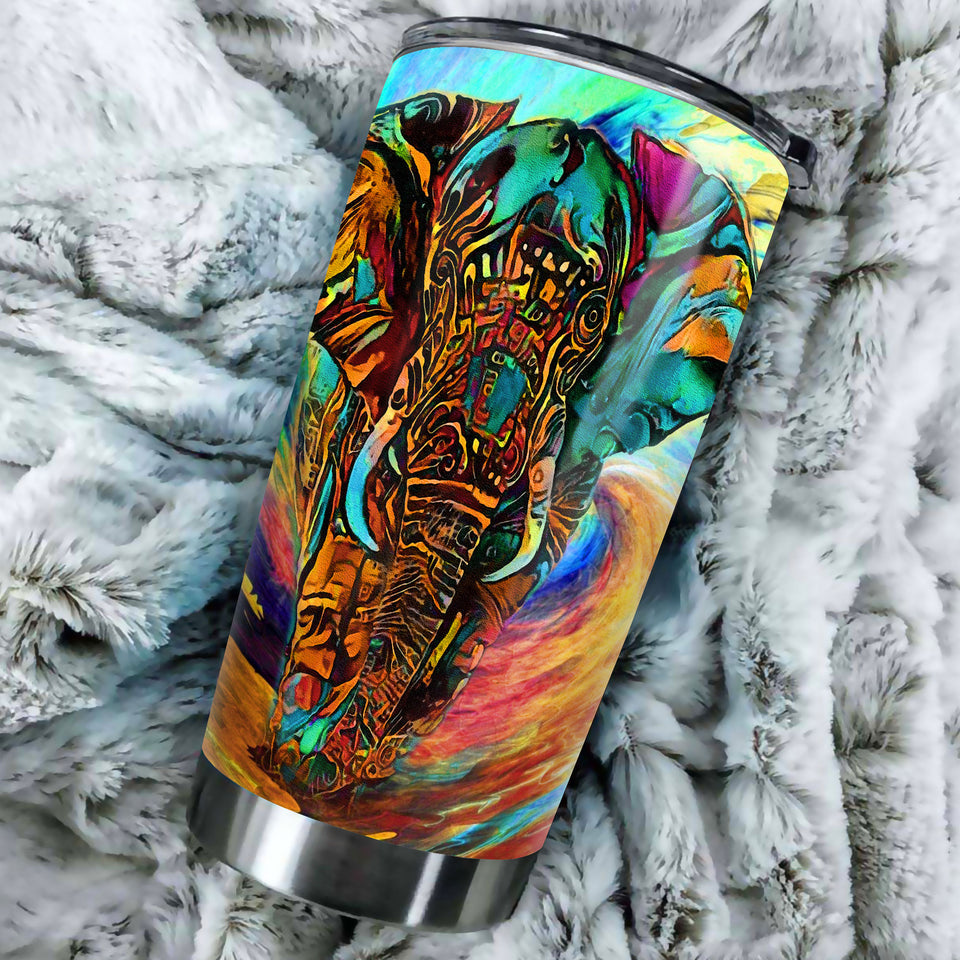 Camellia Personalized 3D Colorful Hippie Elephant Stainless Steel Tumbler - Customized Double-Walled Insulation Thermal Cup With Lid