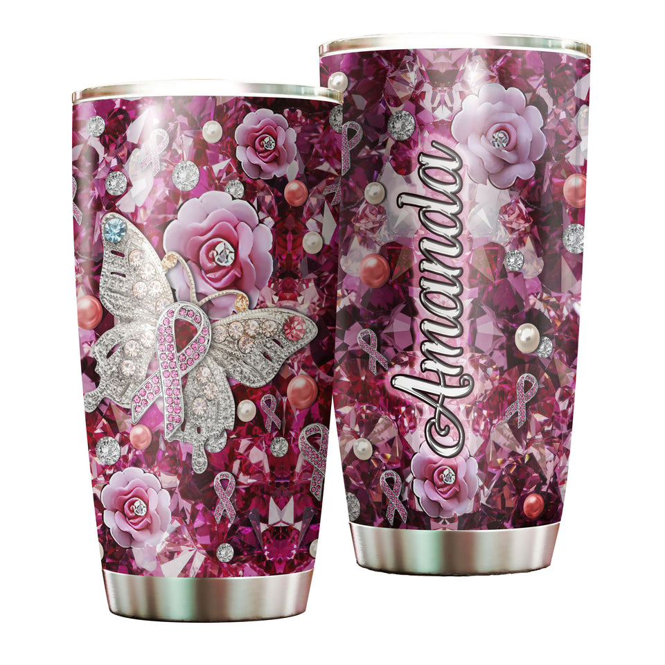 Camellia Personalized Butterfly And Pink Flowers Jewerly Style Stainless Steel Tumbler-Double-Walled Insulation Travel Cup With Lid Gift For Female