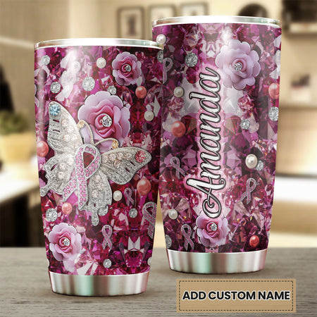 Camellia Personalized Butterfly And Pink Flowers Jewerly Style Stainless Steel Tumbler-Double-Walled Insulation Travel Cup With Lid Gift For Female