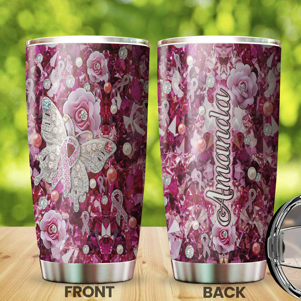 Camellia Personalized Butterfly And Pink Flowers Jewerly Style Stainless Steel Tumbler-Double-Walled Insulation Travel Cup With Lid Gift For Female