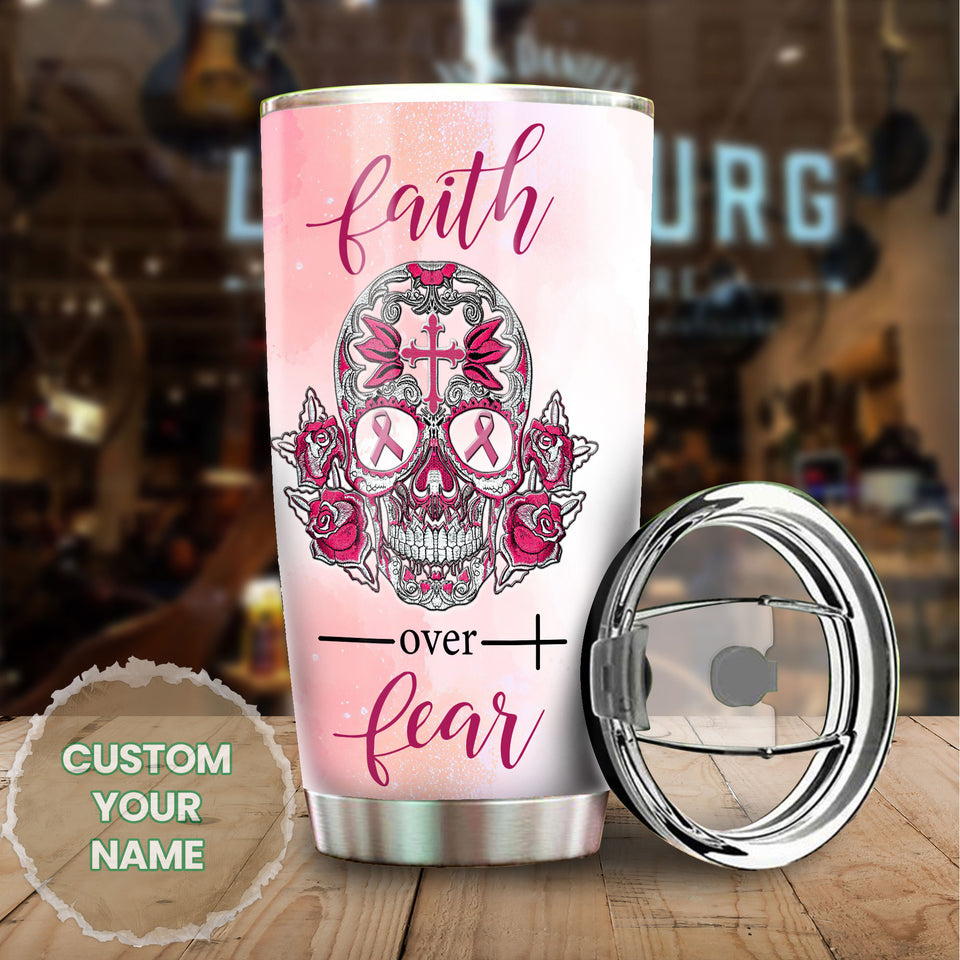 Camellia Personalized Breast Cancer Skull Faith Stainless Steel Tumbler - Double-Walled Insulation Vacumm Flask - Gift For Breast Cancer Awareness Month