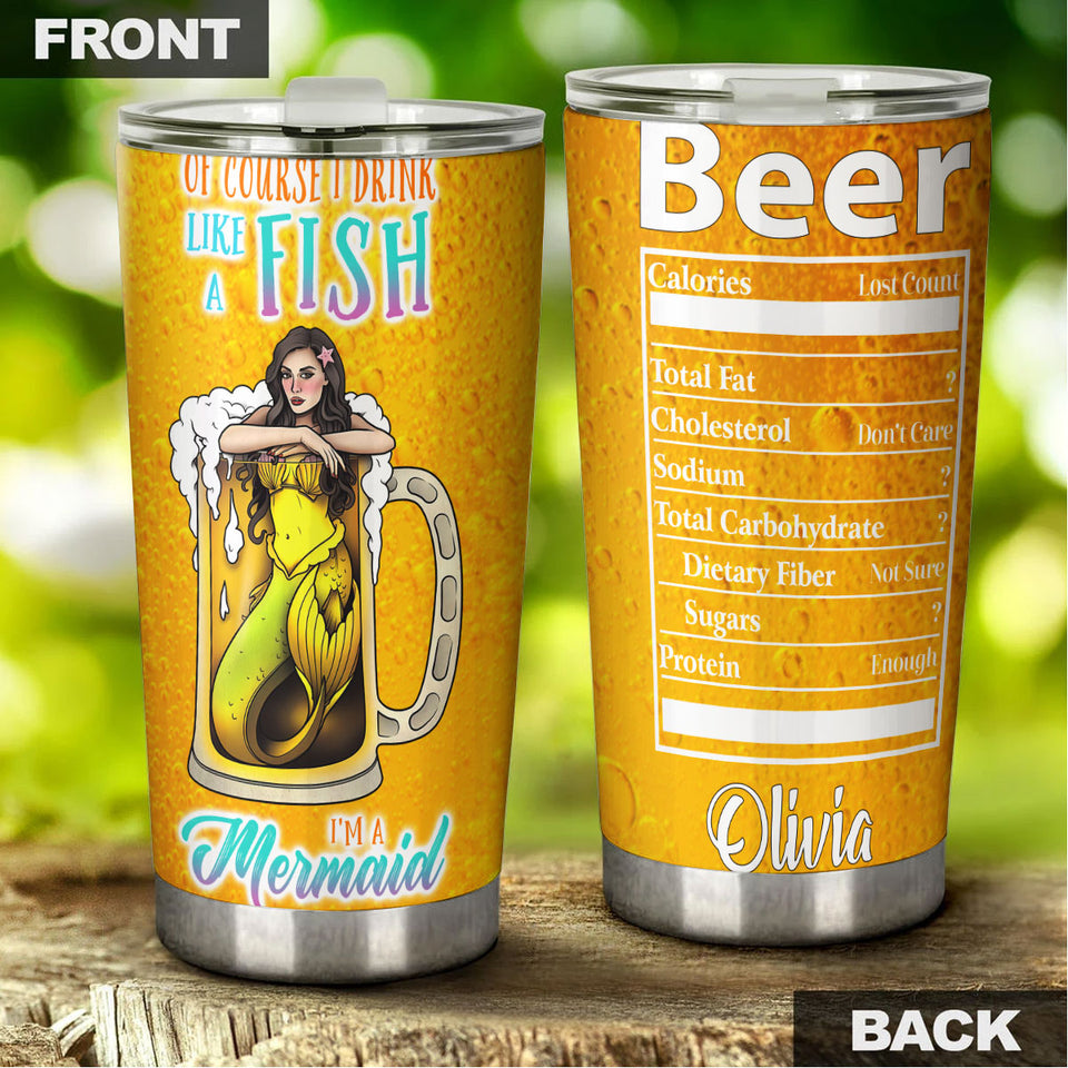 Camellia Personalized Beer Mermaid Stainless Steel Tumbler - Double-Walled Insulation Vacumm Flask - Gift For Beer Lovers, International Beer's Day