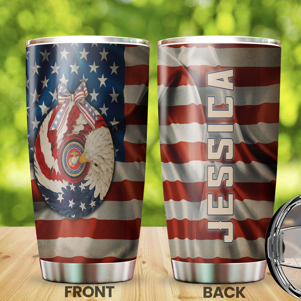 Camellia Personalized American Eagle Marine Corps Stainless Steel Tumbler - Double-Walled Insulation Vacumm Flask - Gift For American Veterans, Christmas, Thanksgiving