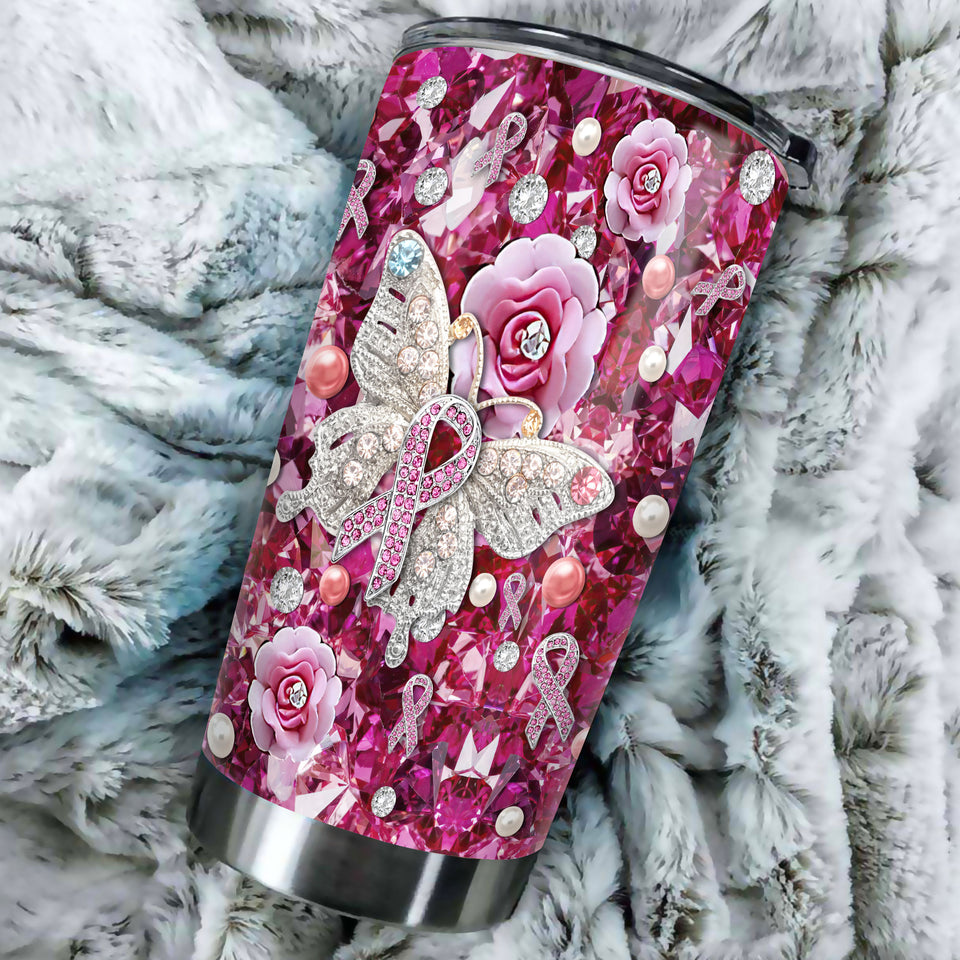 Camellia Personalized Butterfly And Pink Flowers Jewerly Style Stainless Steel Tumbler-Double-Walled Insulation Travel Cup With Lid Gift For Female