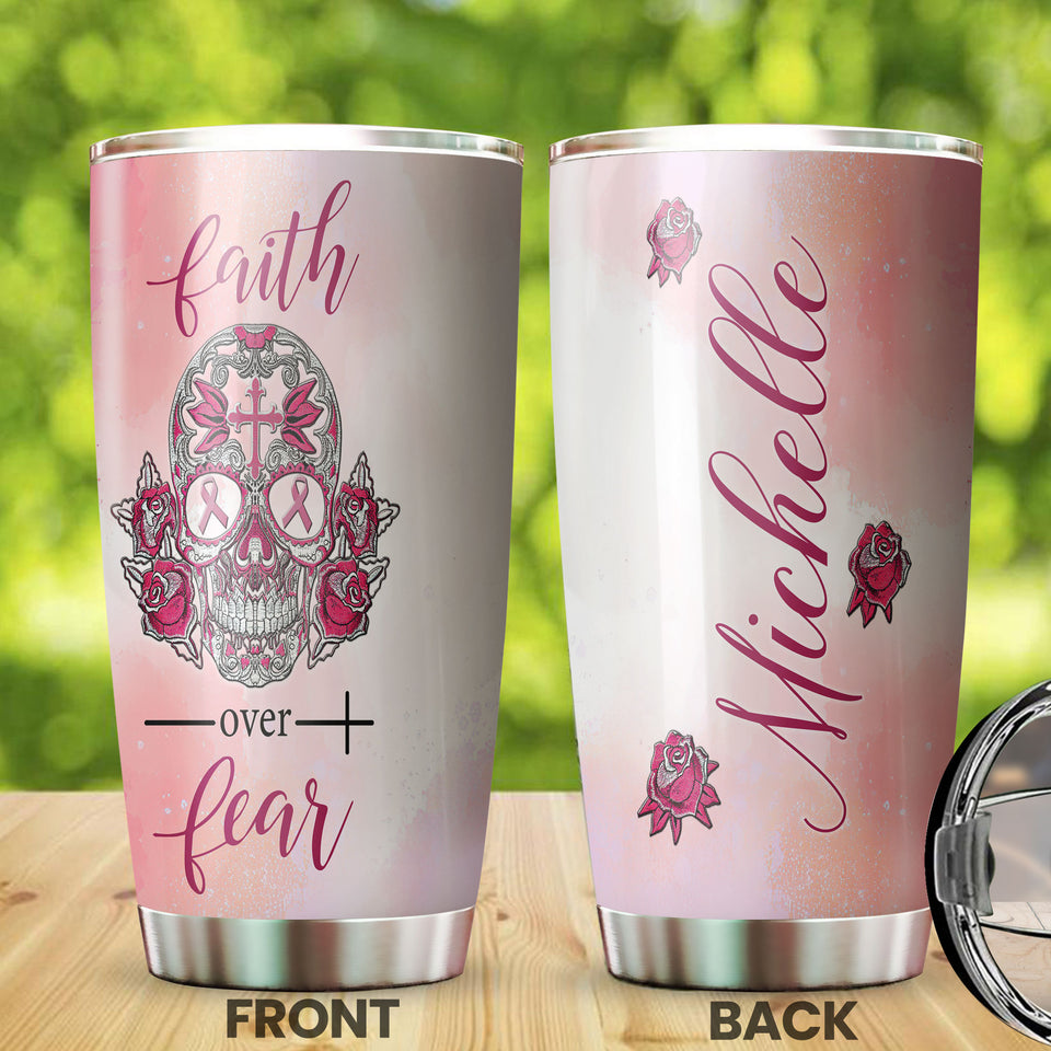 Camellia Personalized Breast Cancer Skull Faith Stainless Steel Tumbler - Double-Walled Insulation Vacumm Flask - Gift For Breast Cancer Awareness Month
