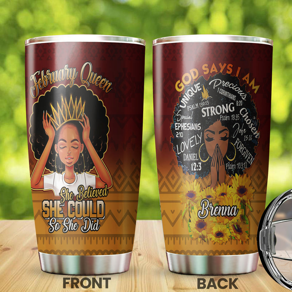 Camellia Personalized Black Woman February Queen Stainless Steel Tumbler - Double-Walled Insulation Vacumm Flask - Gift For Black Queen, International Women's Day, Hippie Girls