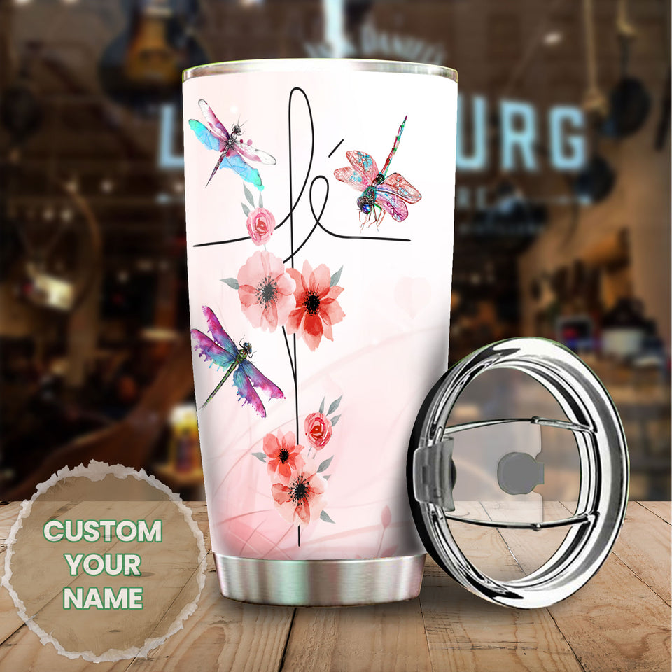 Camellia Personalized Dragonfly Flower Prayer Fact Stainless Steel Tumbler - Customized Double-Walled Insulation Travel Thermal Cup With Lid
