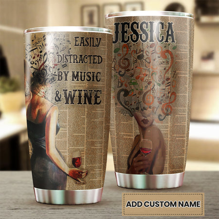 Camellia Persionalized 3D Vintage Girl Easily Distracted By Music And Wife Stainless Steel Tumbler - Customized Double - Walled Insulation Travel Thermal Cup With Lid Gift For Wine Lover