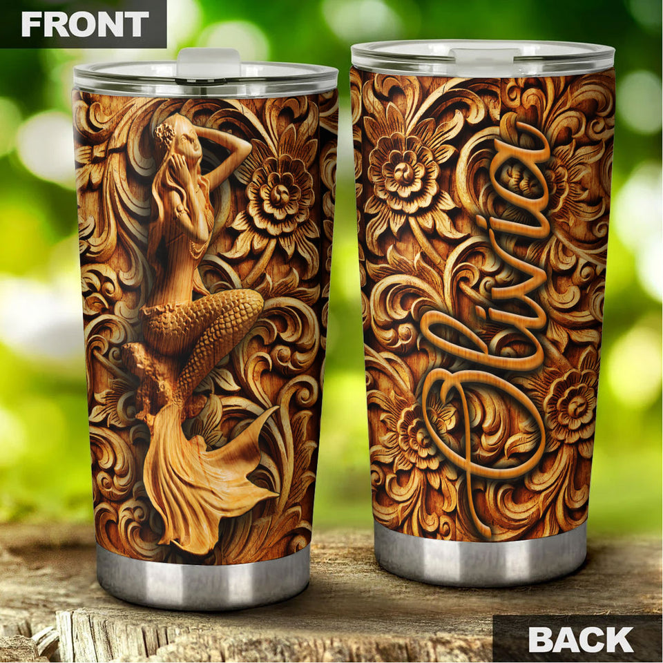 Camellia Personalized Mermaid wooden Style Stainless Steel Tumbler-Double-Walled Insulation Travel Cup With Lid