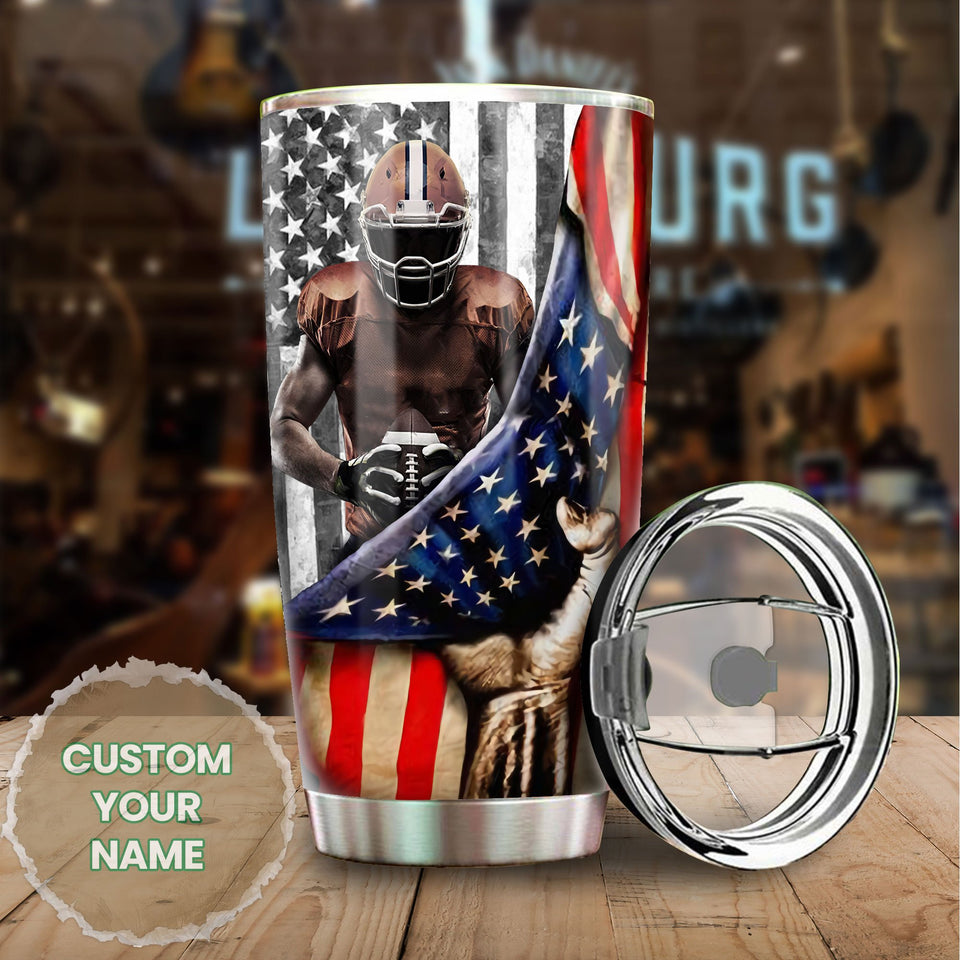 Camellia Personalized American Flag Rugby Player Art Stainless Steel Tumbler - Customized Double-Walled Insulation Travel Thermal Cup With Lid