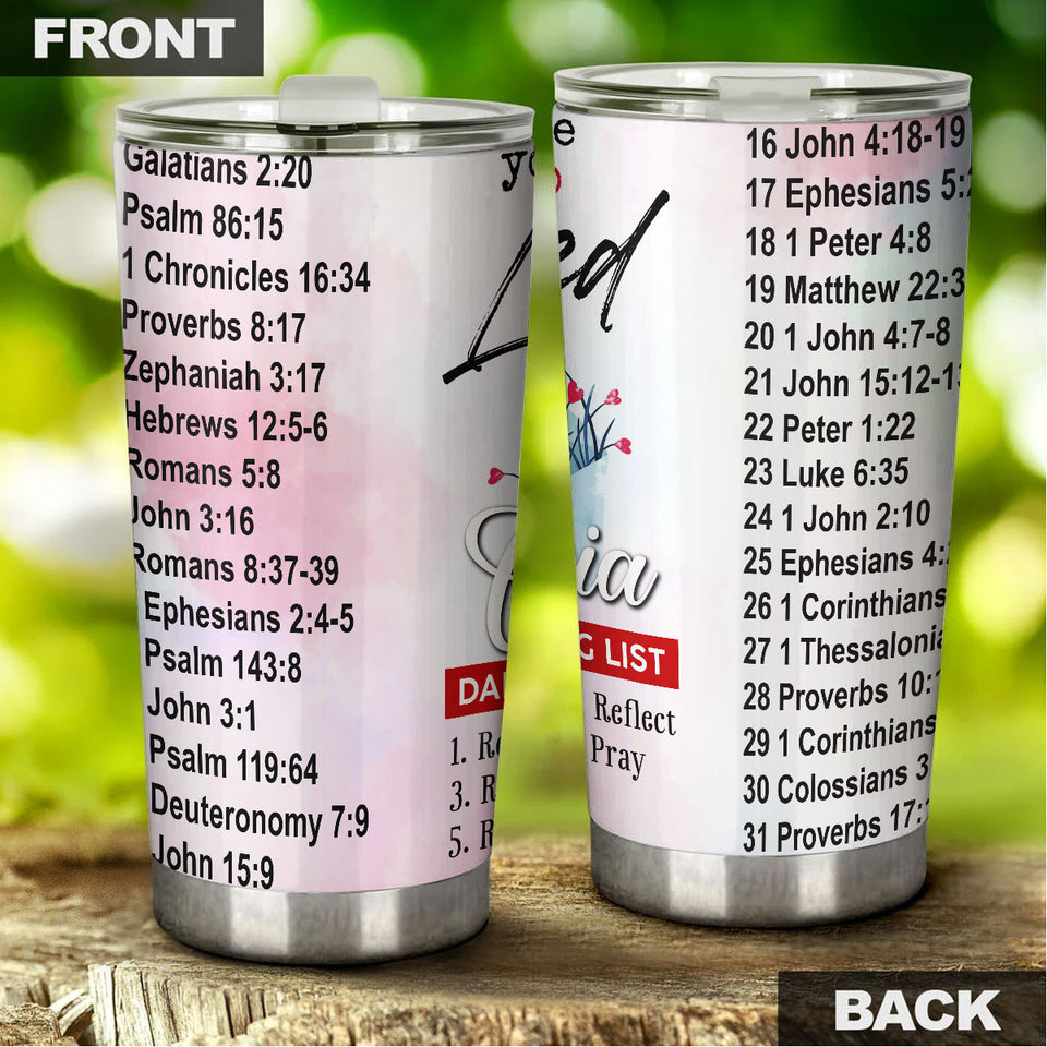 Camellia Personalized Bible List Stainless Steel Tumbler - Customized Double-Walled Insulation Travel Thermal Cup With Lid Gift Fot Christian