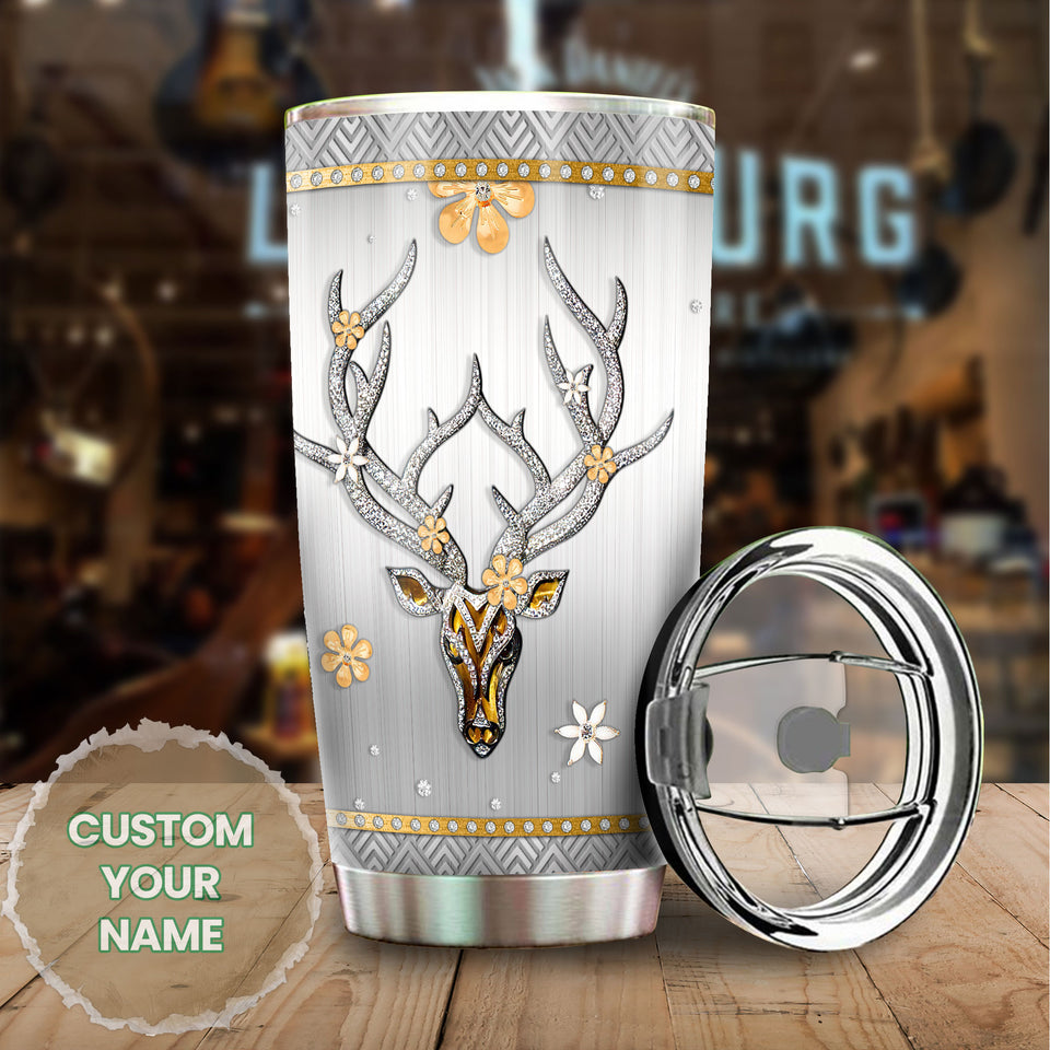 Camellia Personalized Deer Jewelry Style Flower Stainless Steel Tumbler - Customized Double-Walled Insulation Travel Thermal Cup With Lid Gift For Deer Lover