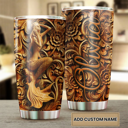 Camellia Personalized Mermaid wooden Style Stainless Steel Tumbler-Double-Walled Insulation Travel Cup With Lid