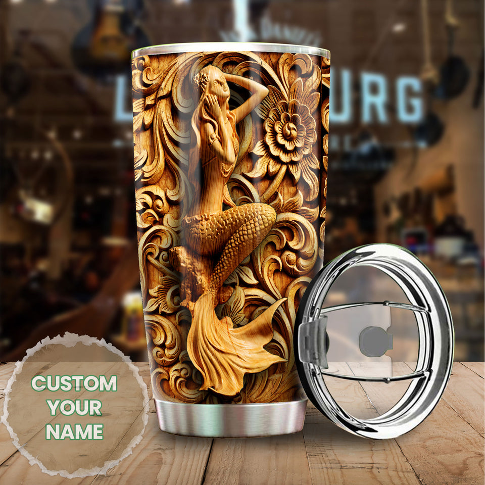 Camellia Personalized Mermaid wooden Style Stainless Steel Tumbler-Double-Walled Insulation Travel Cup With Lid