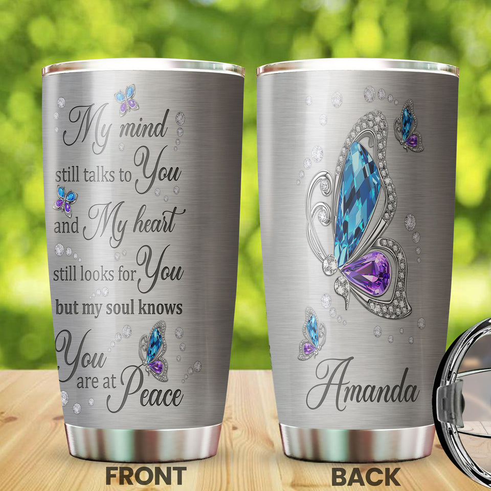 Camellia Personalized Butterfly My Mind Still Talk To You Stainless Steel Tumbler - Double-Walled Insulation Vacumm Flask - For Thanksgiving, Memorial Day, Christians, Christmas Gift