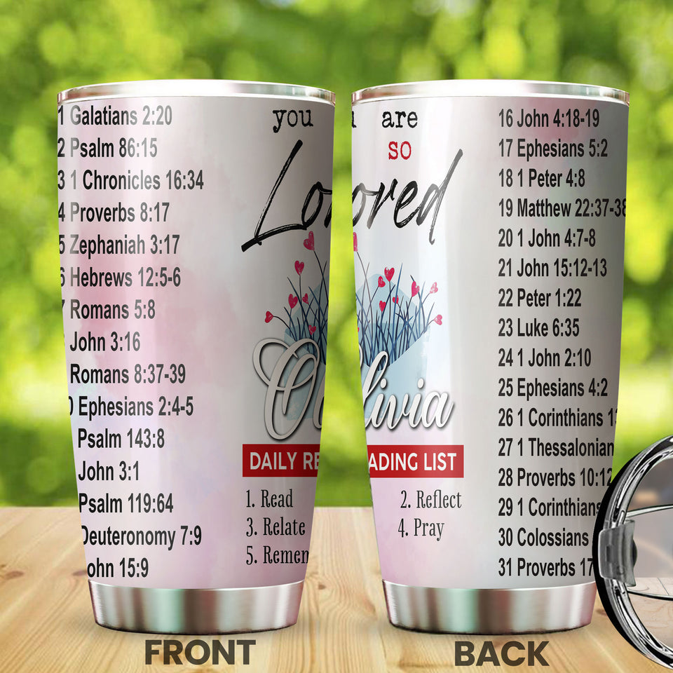 Camellia Personalized Bible List Stainless Steel Tumbler - Customized Double-Walled Insulation Travel Thermal Cup With Lid Gift Fot Christian