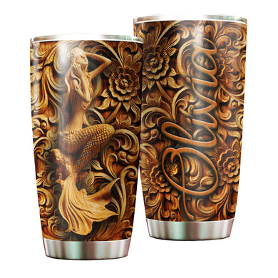 Camellia Personalized Mermaid wooden Style Stainless Steel Tumbler-Double-Walled Insulation Travel Cup With Lid