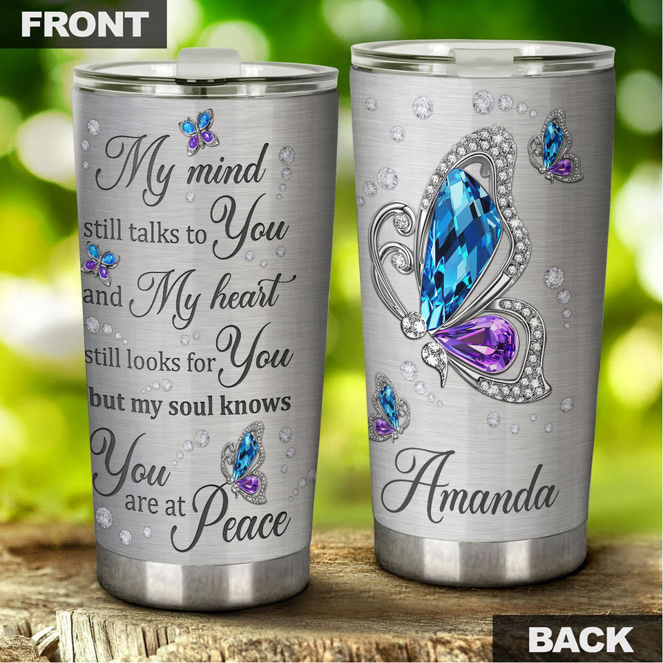 Camellia Personalized Butterfly My Mind Still Talk To You Stainless Steel Tumbler - Double-Walled Insulation Vacumm Flask - For Thanksgiving, Memorial Day, Christians, Christmas Gift