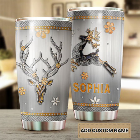 Camellia Personalized Deer Jewelry Style Flower Stainless Steel Tumbler - Customized Double-Walled Insulation Travel Thermal Cup With Lid Gift For Deer Lover