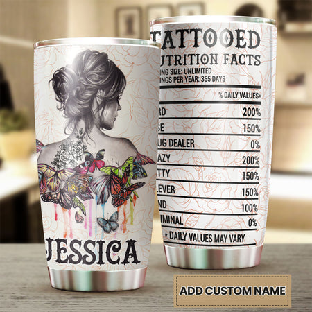 Camellia Persionalized Tattoo Girl Butterfly Tattoo Nutrition Facts Stainless Steel Tumbler - Customized Double - Walled Insulation Travel Thermal Cup With Lid Gift For Tattoo Lover
