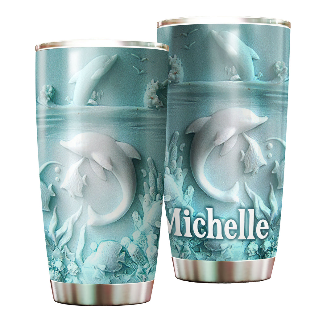 Camellia Personalized 3D Dolphin Ceramic Stainless Steel Tumbler - Customized Double-Walled Insulation Travel Thermal Cup With Lid Gift For Dolphin Lover