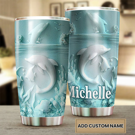 Camellia Personalized 3D Dolphin Ceramic Stainless Steel Tumbler - Customized Double-Walled Insulation Travel Thermal Cup With Lid Gift For Dolphin Lover