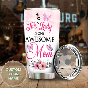Camellia Personalized Butterfly This Lady Is One Awesome Mom Stainless Steel Tumbler - Double-Walled Insulation Vacumm Flask - For Thanksgiving, Memorial Day, Christians, Christmas Gift
