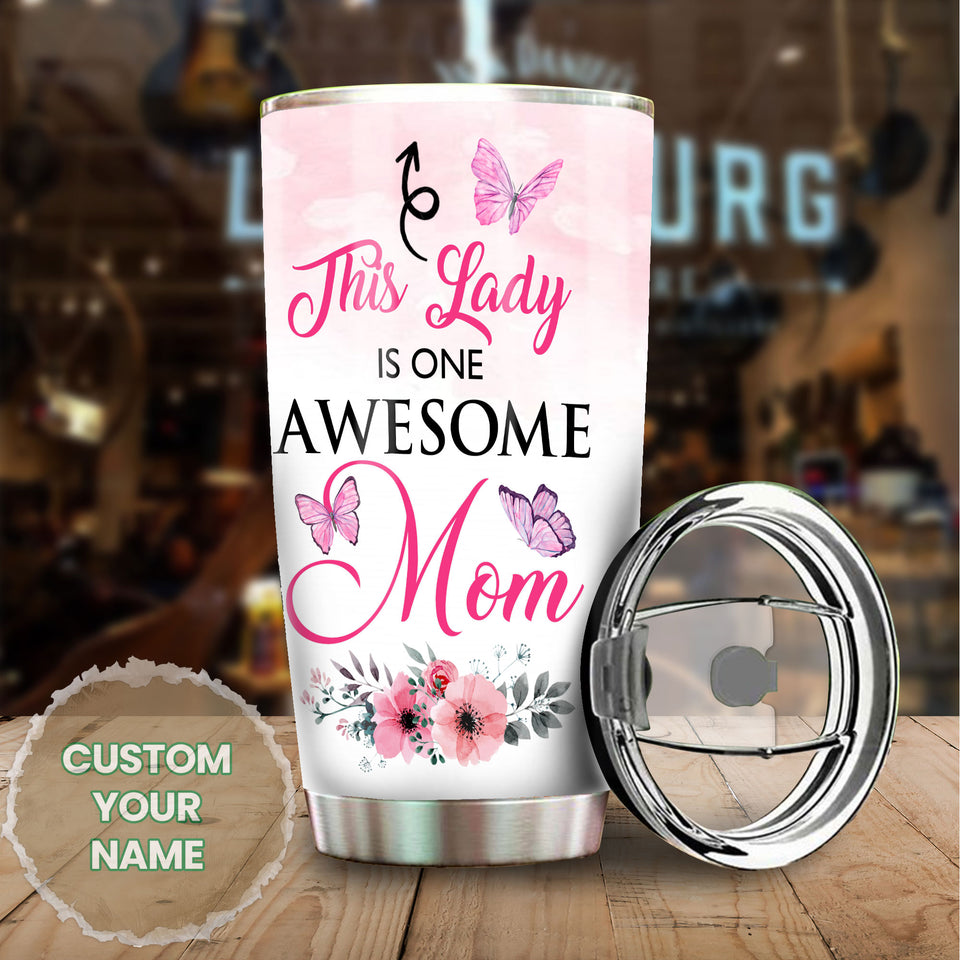 Camellia Personalized Butterfly This Lady Is One Awesome Mom Stainless Steel Tumbler - Double-Walled Insulation Vacumm Flask - For Thanksgiving, Memorial Day, Christians, Christmas Gift