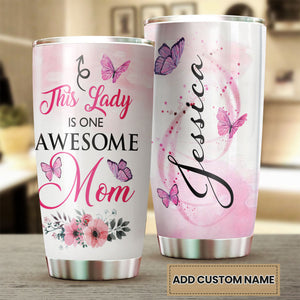 Camellia Personalized Butterfly This Lady Is One Awesome Mom Stainless Steel Tumbler - Double-Walled Insulation Vacumm Flask - For Thanksgiving, Memorial Day, Christians, Christmas Gift
