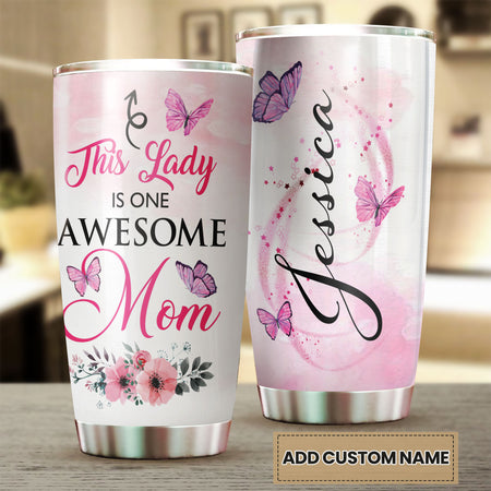 Camellia Personalized Butterfly This Lady Is One Awesome Mom Stainless Steel Tumbler - Double-Walled Insulation Vacumm Flask - For Thanksgiving, Memorial Day, Christians, Christmas Gift