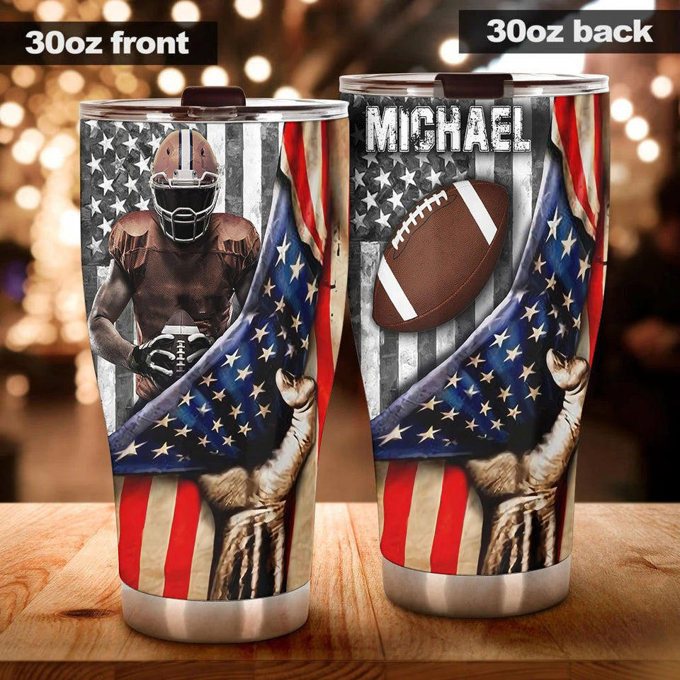 Camellia Personalized American Flag Rugby Player Art Stainless Steel Tumbler - Customized Double-Walled Insulation Travel Thermal Cup With Lid