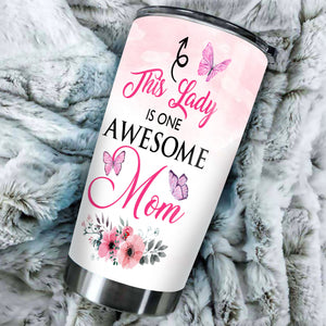 Camellia Personalized Butterfly This Lady Is One Awesome Mom Stainless Steel Tumbler - Double-Walled Insulation Vacumm Flask - For Thanksgiving, Memorial Day, Christians, Christmas Gift