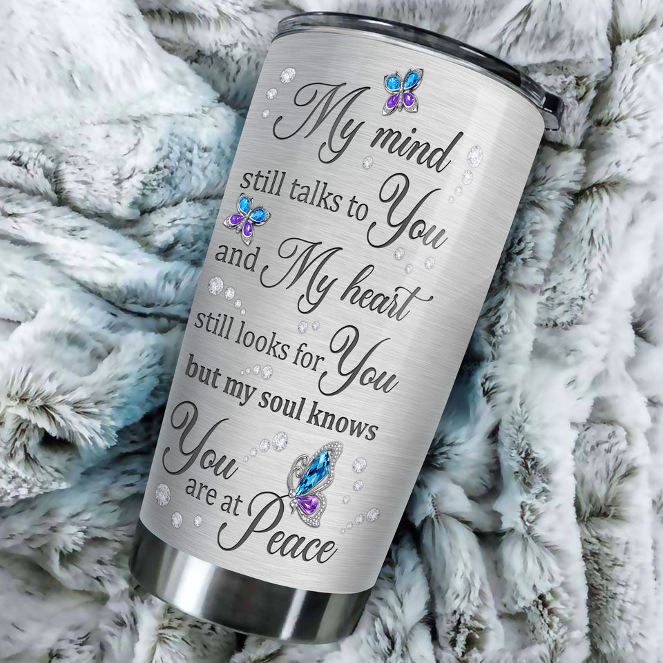 Camellia Personalized Butterfly My Mind Still Talk To You Stainless Steel Tumbler - Double-Walled Insulation Vacumm Flask - For Thanksgiving, Memorial Day, Christians, Christmas Gift