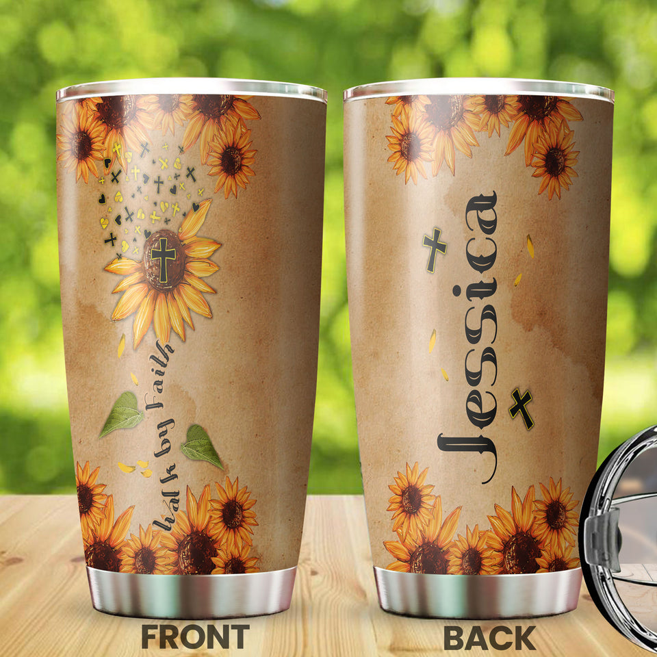 Camellia Persionalized Vintage Sunflower Walk By Faith Stainless Steel Tumbler - Customized Double - Walled Insulation Travel Thermal Cup With Lid