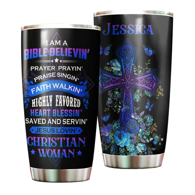 Camellia Personalized Butterfly Faith Bible I'm A Bible Believing Stainless Steel Tumbler - Double-Walled Insulation Vacumm Flask - For Thanksgiving, Memorial Day, Christians, Christmas Gift