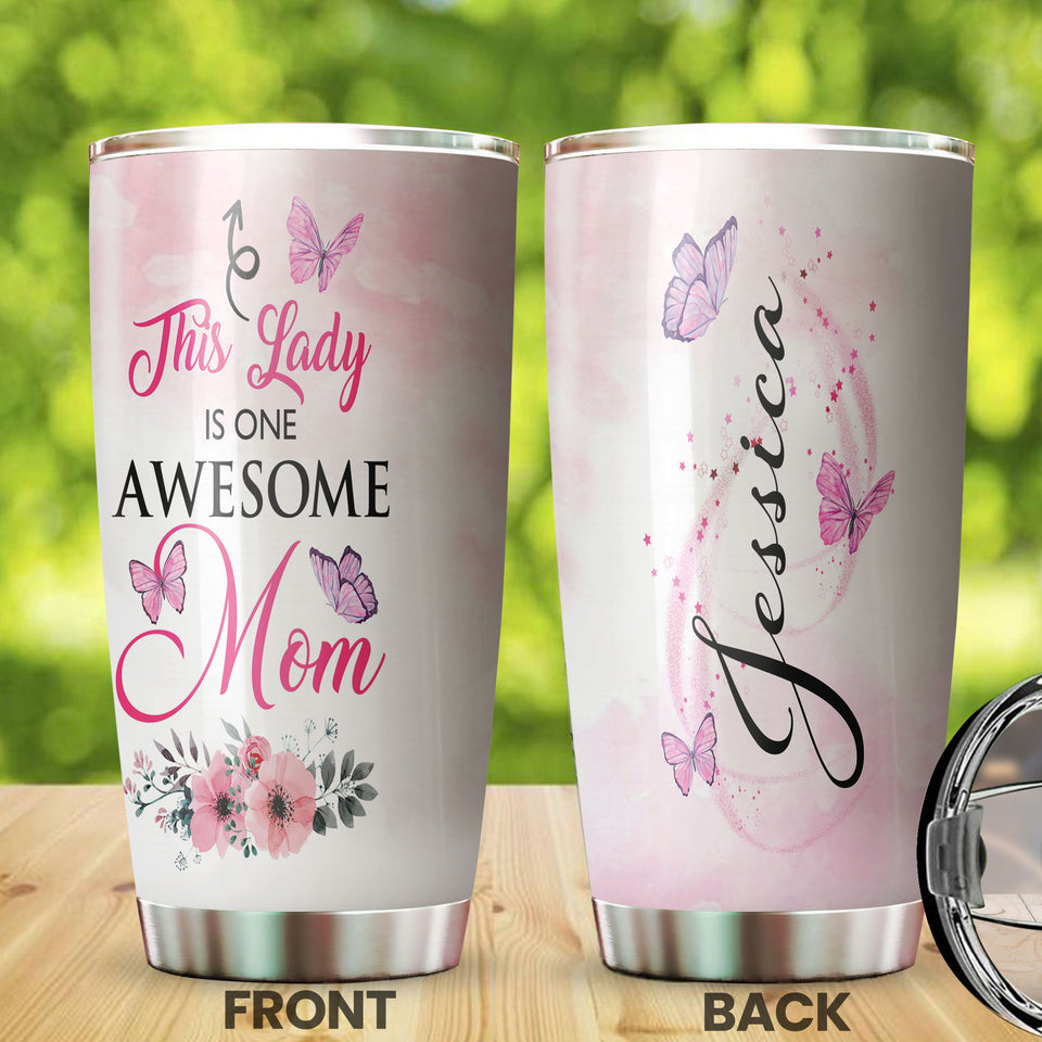 Camellia Personalized Butterfly This Lady Is One Awesome Mom Stainless Steel Tumbler - Double-Walled Insulation Vacumm Flask - For Thanksgiving, Memorial Day, Christians, Christmas Gift