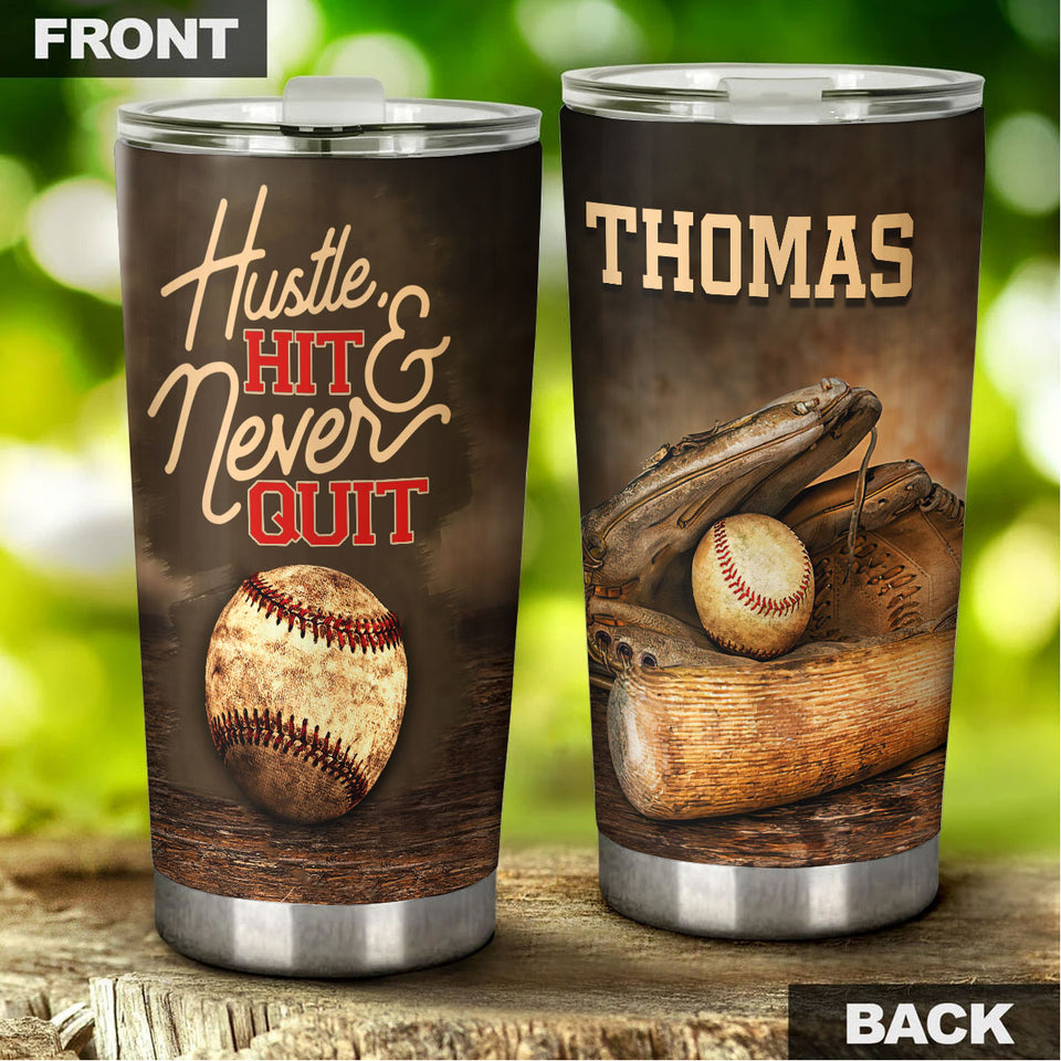 Camellia Persionalized Baseball Hit Never Quit Stainless Steel Tumbler - Customized Double - Walled Insulation Travel Thermal Cup With Lid Gift For Baseball Player