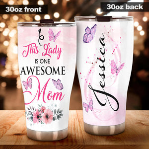 Camellia Personalized Butterfly This Lady Is One Awesome Mom Stainless Steel Tumbler - Double-Walled Insulation Vacumm Flask - For Thanksgiving, Memorial Day, Christians, Christmas Gift
