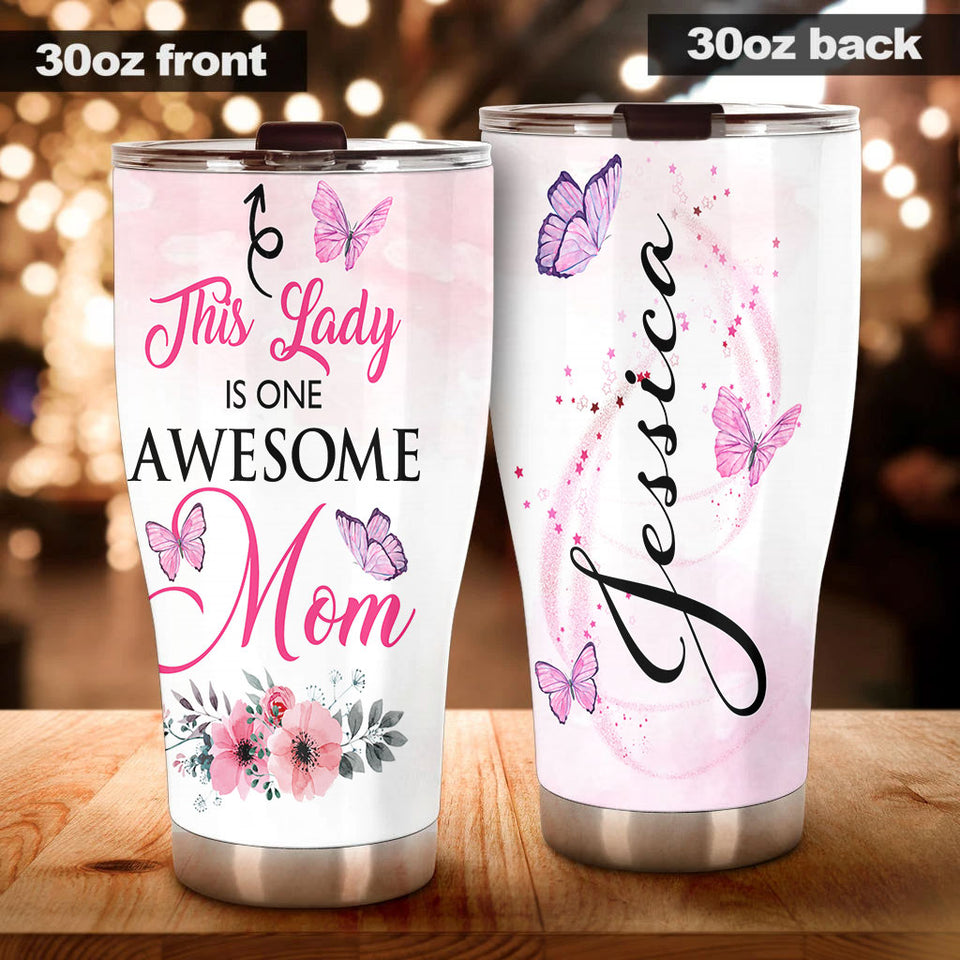 Camellia Personalized Butterfly This Lady Is One Awesome Mom Stainless Steel Tumbler - Double-Walled Insulation Vacumm Flask - For Thanksgiving, Memorial Day, Christians, Christmas Gift