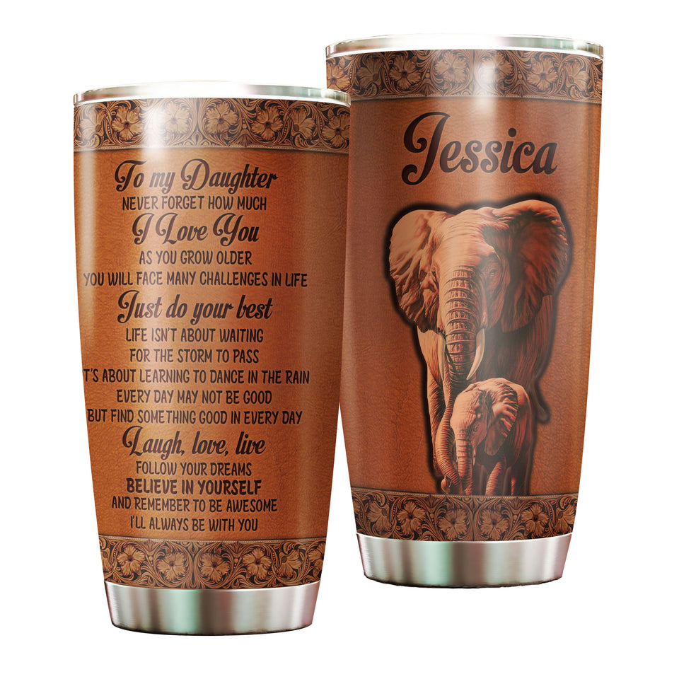Camellia Personalized Elephant Loving Letter From  Mom To Daughter Leather Style Stainless Steel Tumbler-Sweat-Proof Travel Tharma Cup With Lid