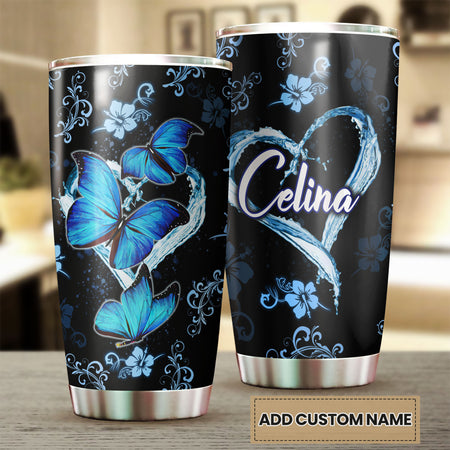 Camellia Personalized Blue Butterfly Stainless Steel Tumbler - Double-Walled Insulation Vacumm Flask - Gift For Thanksgiving, Memorial Day