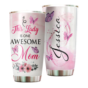 Camellia Personalized Butterfly This Lady Is One Awesome Mom Stainless Steel Tumbler - Double-Walled Insulation Vacumm Flask - For Thanksgiving, Memorial Day, Christians, Christmas Gift