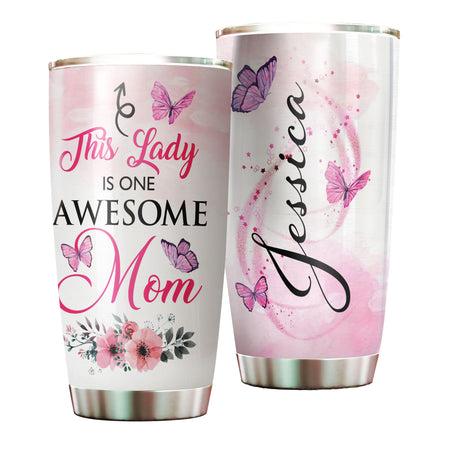 Camellia Personalized Butterfly This Lady Is One Awesome Mom Stainless Steel Tumbler - Double-Walled Insulation Vacumm Flask - For Thanksgiving, Memorial Day, Christians, Christmas Gift