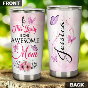 Camellia Personalized Butterfly This Lady Is One Awesome Mom Stainless Steel Tumbler - Double-Walled Insulation Vacumm Flask - For Thanksgiving, Memorial Day, Christians, Christmas Gift