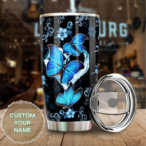 Camellia Personalized Blue Butterfly Stainless Steel Tumbler - Double-Walled Insulation Vacumm Flask - Gift For Thanksgiving, Memorial Day