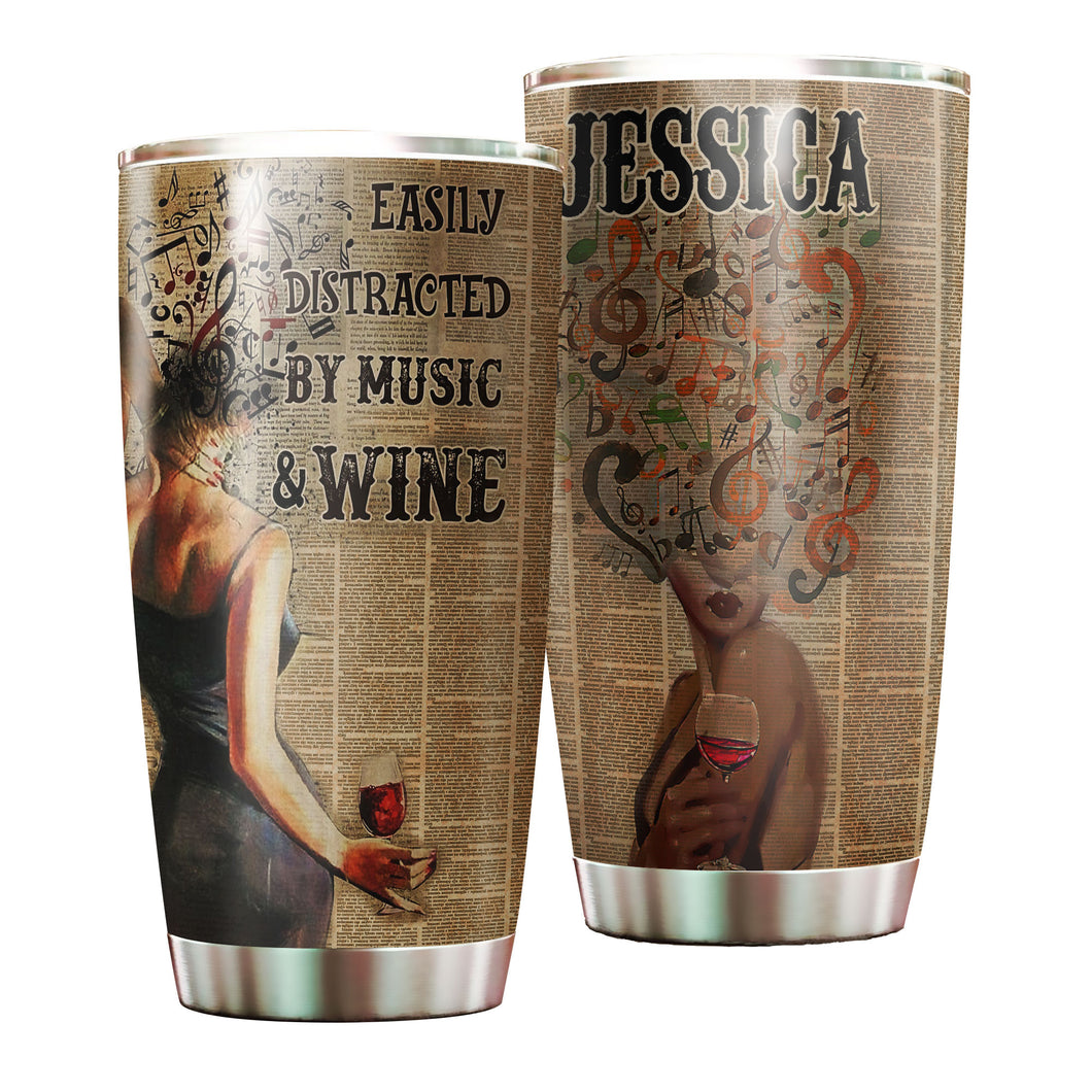Camellia Persionalized 3D Vintage Girl Easily Distracted By Music And Wife Stainless Steel Tumbler - Customized Double - Walled Insulation Travel Thermal Cup With Lid Gift For Wine Lover